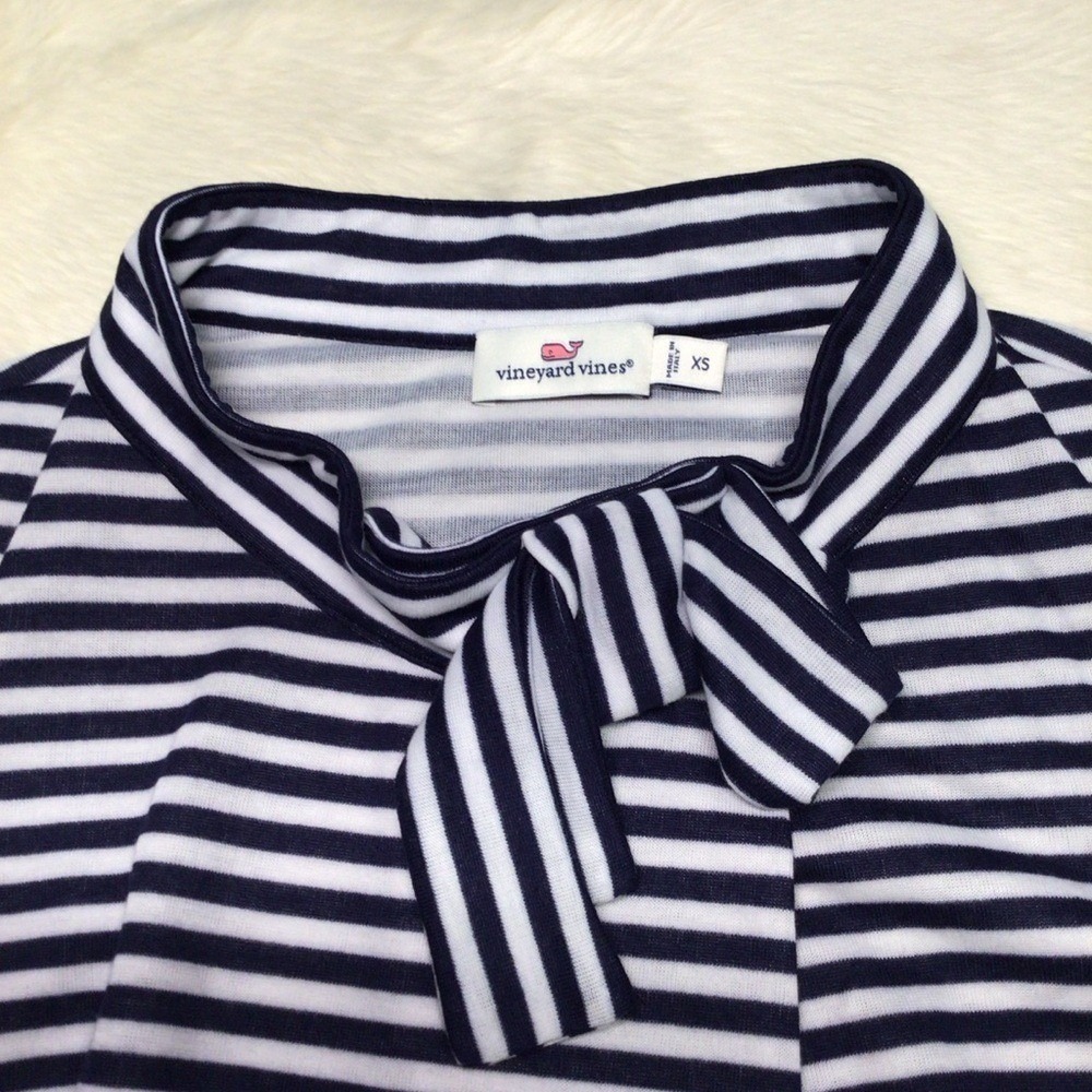 NWOT Vineyard Vines Navy White Striped Bow Neck Shift Dress XS Nautical Coastal - Picture 2 of 4